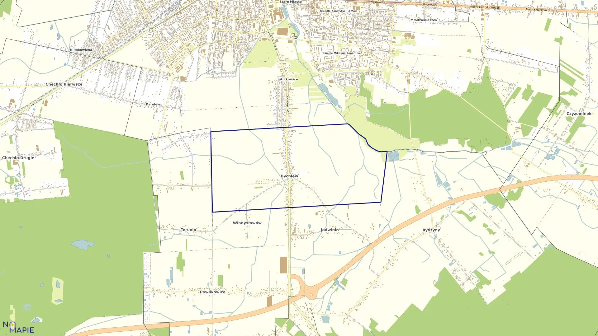 Mapa obrębu Bychlew-1 w gminie Pabianice